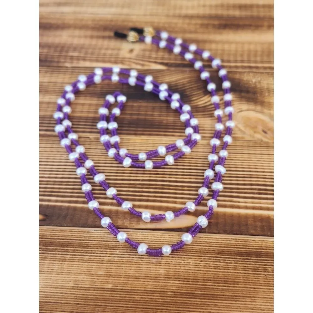 Purple White Beaded Eyeglasses Chain Sunglasses Lanyard Mask Holders‎ 40